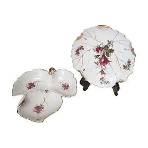 2 Vintage Trinket  Maple Leaf Shaped Pink Rose Porcelain Dish Plate Discontinued